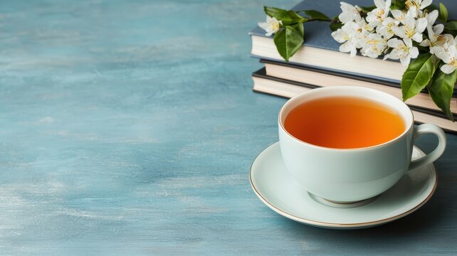 National tea day with relaxation and wellness idea. Cup of tea with flowers and books on a blue background. - Powered by Adobe
