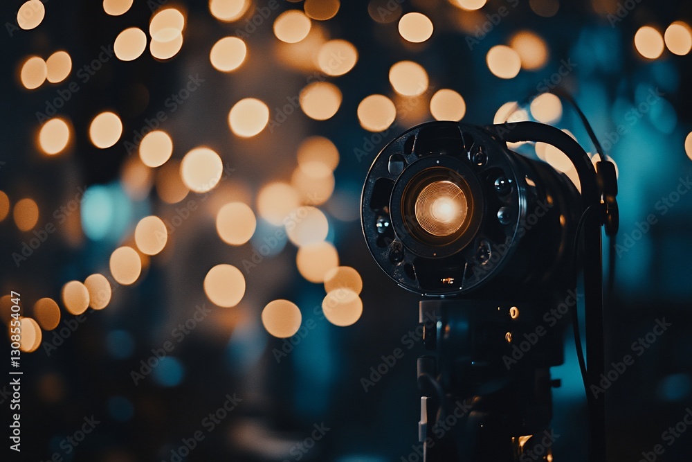 Poster close-up of a projector lens with bokeh lights in the background.