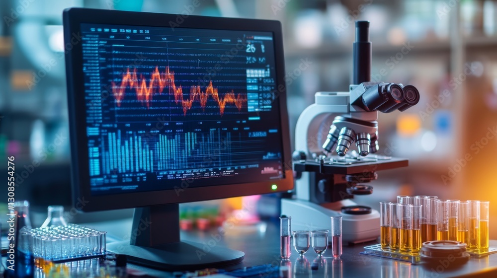 Poster modern laboratory setup featuring a microscope and a monitor displaying colorful scientific data cha