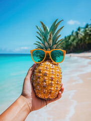 A hand holds up a playful pineapple wearing sunglasses against the backdrop of a tropical beach, offering a refreshing vibe.