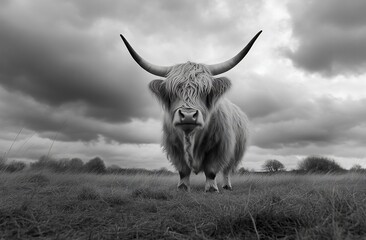Highland cow stares directly at the camera in a dramatic black and white landscape photo.