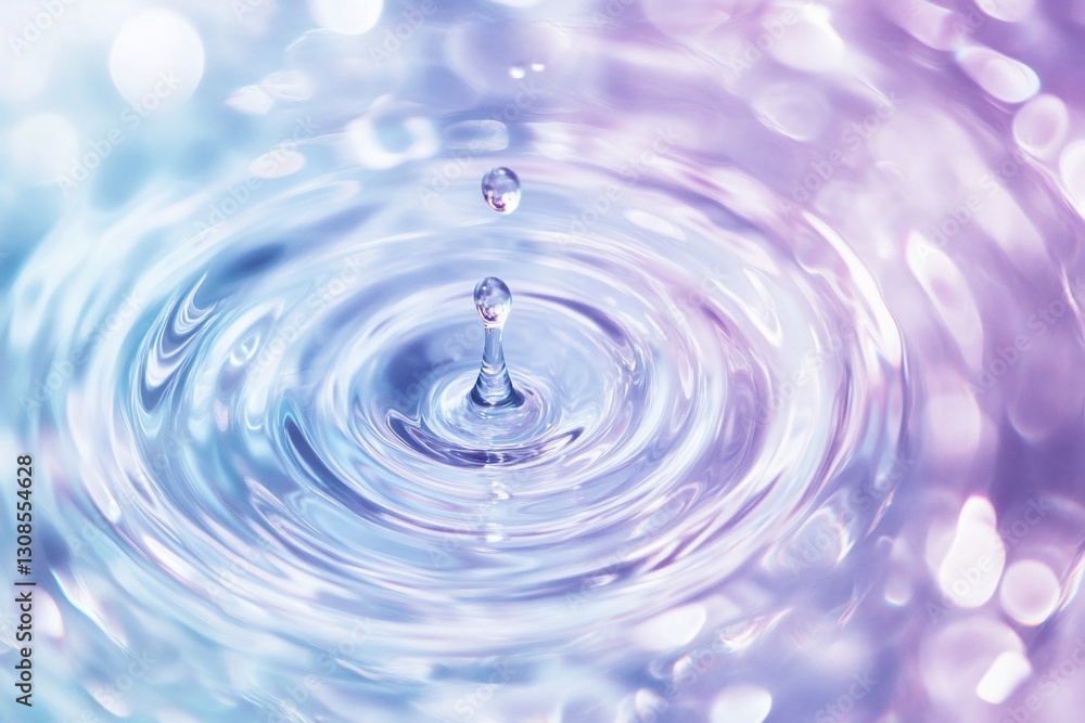 Poster close-up of two water drops falling into calm water, creating concentric ripples on a bokeh backgrou