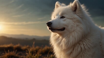 Obraz premium Pure white Samoyed portrait, sunlight on fur, warm atmosphere