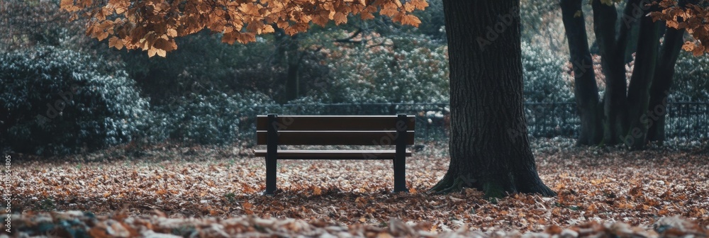 Poster solitary bench beneath a tree in a park surrounded by fallen leaves in soft autumn light generative 