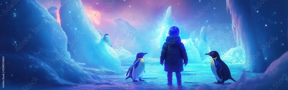 Poster child illuminated in a glowing landscape with penguins in an icy environment during twilight