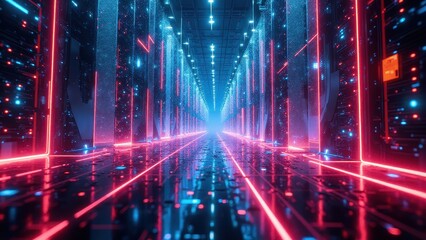 AI-powered cyber worlds, Neon-lit cyberspace with towering AI nodes and data streams amid glowing servers and hyper-consciousness