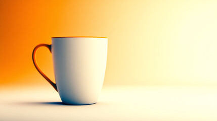 simple ceramic coffee mug with orange handle, set against warm gradient background. mug smooth surface reflects light beautifully, creating serene atmosphere