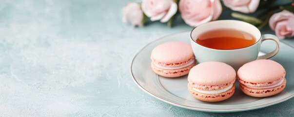 Fototapeta premium National tea day with relaxation and wellness idea. Delicate macaroons and tea on a pastel background.