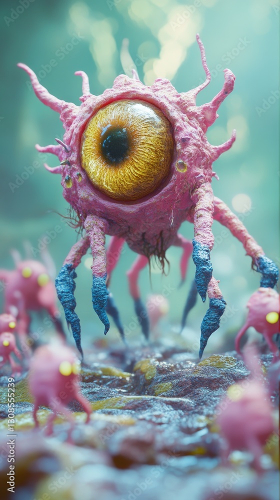 Poster a fantastical image depicting a large pink creature with multiple appendages and a golden eye, surro