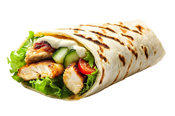 Chicken and vegetable wrap with grilled chicken, lettuce, and sauce
