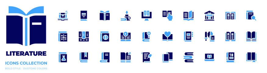 Literature icon collection. Bold style. Duotone colors. book, math, ebook, learning, treasure chest, award, literature, copyright, library, books