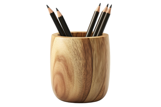 Wooden pencil holder with visible wood grain and three pencils