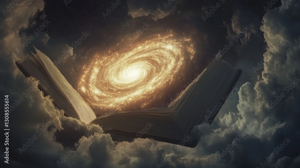 Poster surreal artwork of an open book with a luminous golden galaxy swirling upward, surrounded by etherea