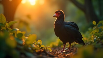 Obraz premium Elegant Bird in Lush Forest at Sunset with Warm Radiant Light