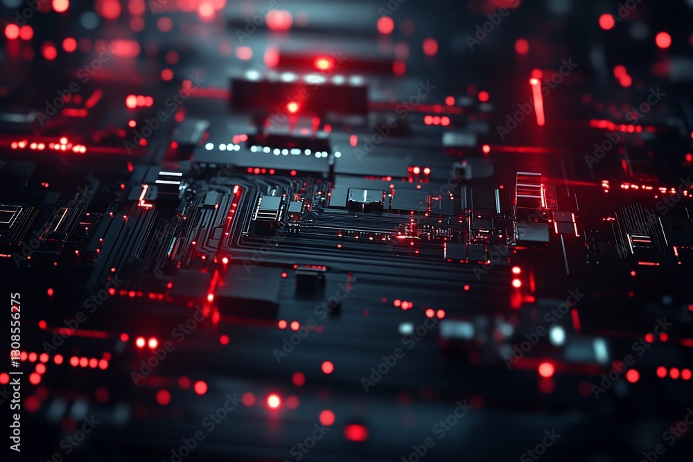 Poster close-up of a dark circuit board with red glowing components.