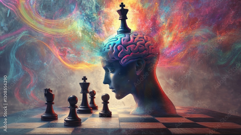 Poster a surreal digital rendering of a chessboard with a human brain and chess king, surrounded by swirlin