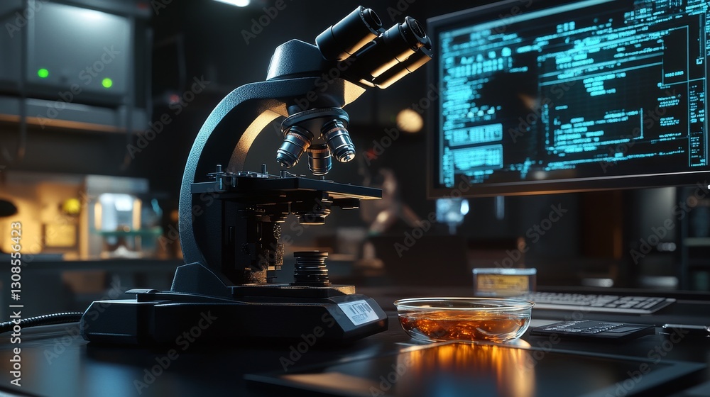 Poster advanced microscope setup in a modern lab with digital screens displaying scientific data. the glowi