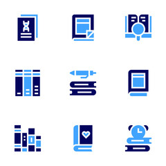 Literature icon set. Bold style. Duotone colors. romantic novel, book, trilogy, scientific literature