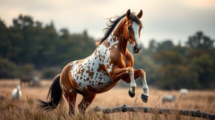 Spotted Horse Rearing in a Meadow with Natural Light