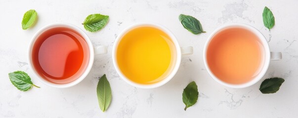 National tea day with relaxation and wellness idea. Three bowls of colorful tea with mint leaves on a light background