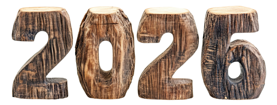 Rustic wooden 2026 numbers with aged texture, isolated on transparent cutout background