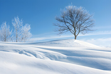 Obraz premium Majestic Snowdrift in a Serene Winter Landscape Bathed in Soft Light Under a Clear Blue Sky with Frost-Coated Trees in the Distance