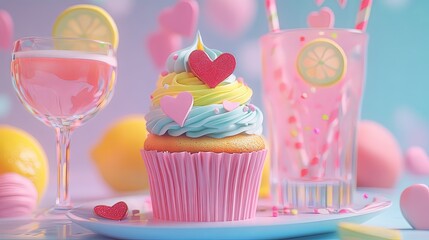 Whimsical Pink Milkshake and Cupcake Delight with Pastel Candies and Lemon: A Perfectly Sweet Treat
