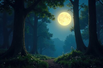 Fototapeta premium Twinkling moonlight filtering through dense forest canopy, mystic, glow