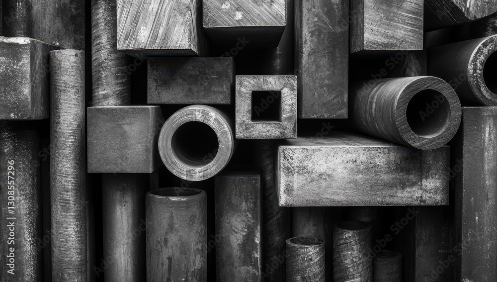 Poster collection of various metal shapes and forms arranged in an abstract pattern, showcasing textures an