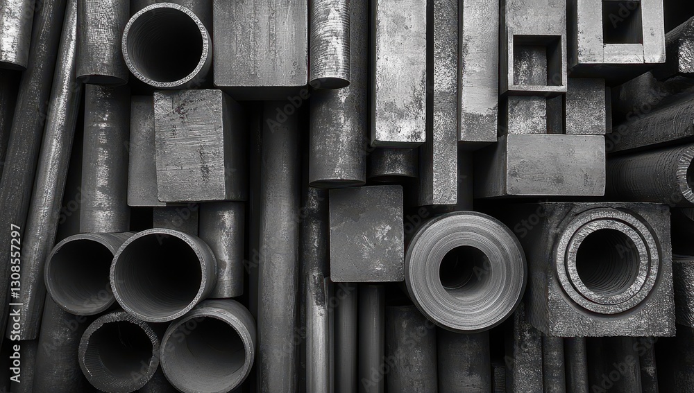 Poster collection of various metal shapes and forms displayed in monochrome style, showcasing textures and 