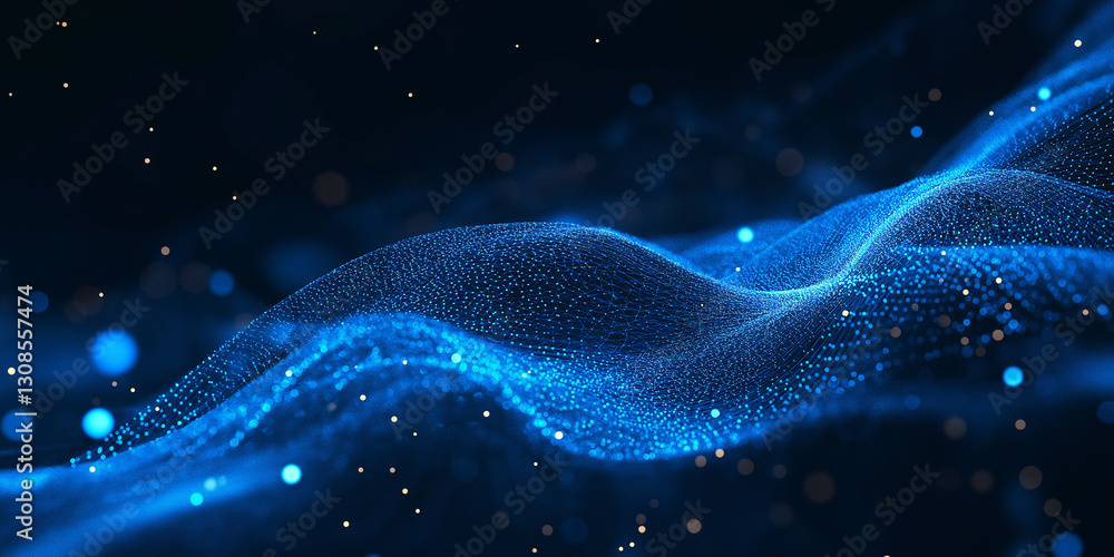 Fototapete abstract wave with blue light on black background. science background with moving dots. network conn