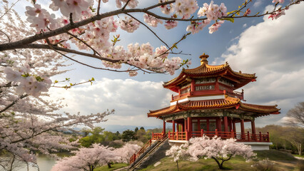 Fototapeta premium A tranquil scene featuring a traditional pagoda surrounded by blooming cherry blossoms under a cloudy sky.