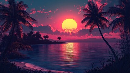 Tropical beach with palm tree silhouettes at sunset, embodying the vibes of retro-wave, synth-wave, or vaporwave styles. Vacation landscape for summer travel or electronic music covers. --