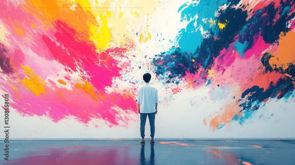 Poster creative artist immersed in vibrant splashes of paint in a dynamic studio space, exploring imaginati