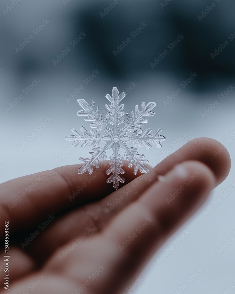 Poster close-up of a person's hand holding a small snowflake. the snowflake is made of clear plastic and is