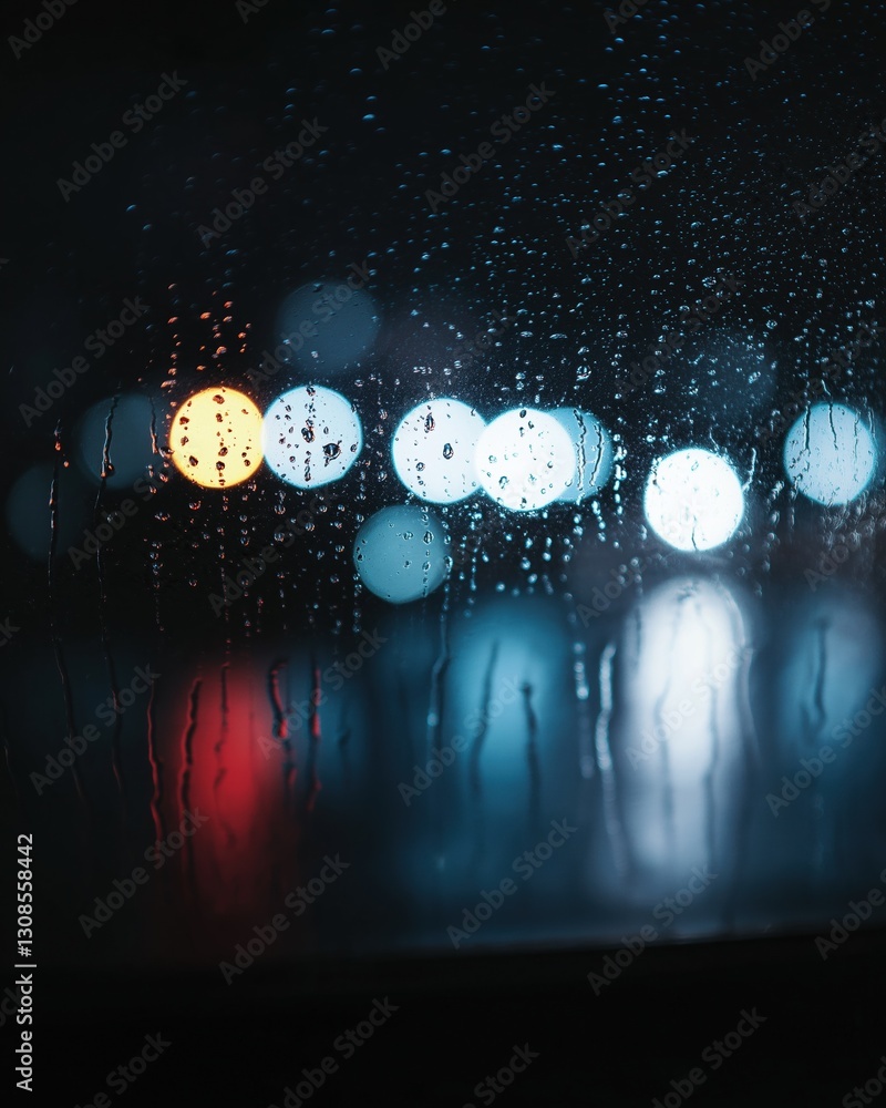 Poster close-up of a window with raindrops on it. the raindrops are scattered across the glass, creating a 