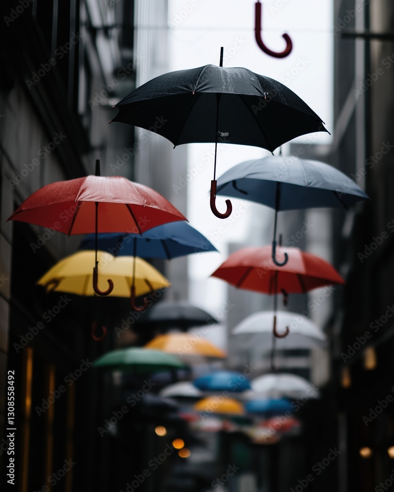 Poster group of colorful umbrellas hanging from the ceiling of a building.