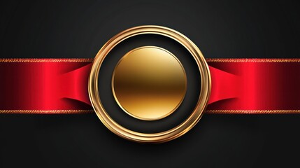 Gold emblem with red ribbon on black background.
