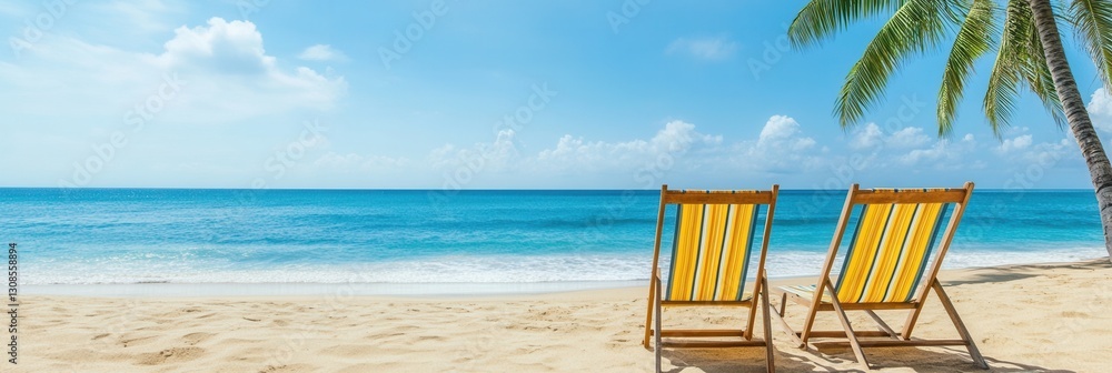 Poster relaxing beachside with colorful lounge chairs and a clear blue ocean on a sunny day generative ai
