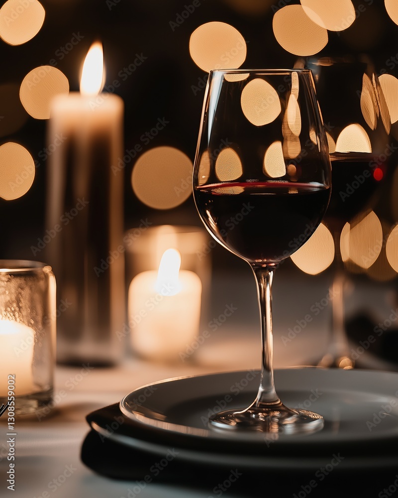 Poster close-up of a table setting with a glass of red wine in the foreground. the glass is filled with a d