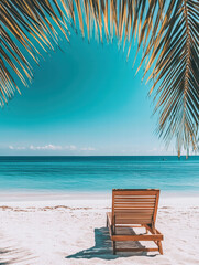 Obraz premium Serene Beach Getaway: An inviting beach scene with a wooden beach chair under palm tree leaves, overlooking turquoise water and the endless sky, evokes a feeling of peace, escape, and relaxation.