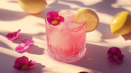 Refreshing Glass of Pink Lemonade with Ice Cubes and Lemon Slices: A Cool Summer Delight