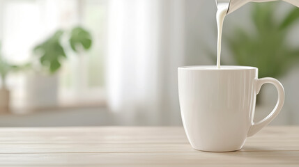 Obraz premium a cup of milk is being poured on a wooden table