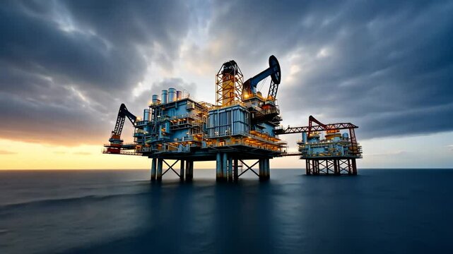 Dramatic wide-angle shot of an offshore oil rig at sunset, capturing the industrial structure against a moody sky, ideal for a documentary video.