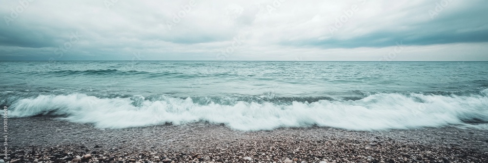 Poster Lonely seashore with gentle waves under an overcast sky and open space for text Generative AI