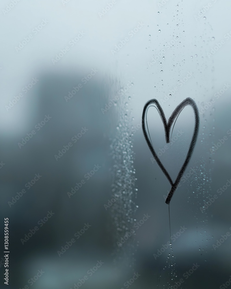 Poster close-up of a window with raindrops on it. the background is blurred, but it appears to be a cloudy 