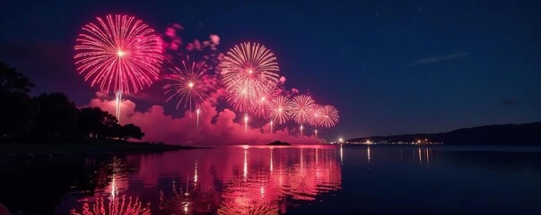 Night sky ablaze with fireworks reflecting on dark water, dark, red