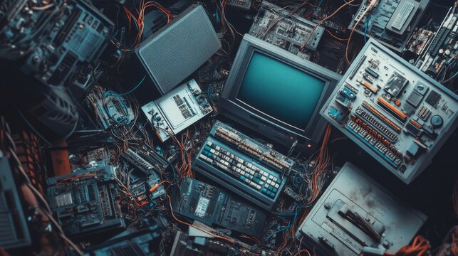 Detailed view of vintage computer hardware, including tangled wires and outdated components. Captures the complexity of electronic waste and retro technology.. AI Generation