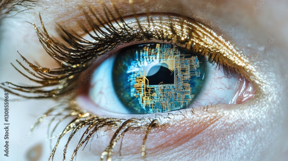 Poster macro image of a human eye with glowing circuits and shimmering gold details, representing futuristi