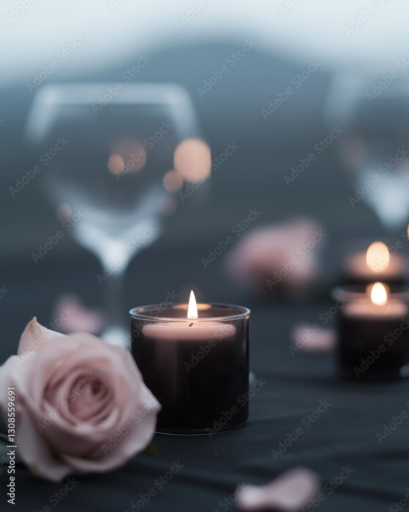 Poster close-up of a table setting with a single pink rose on the left side and three small black candles o